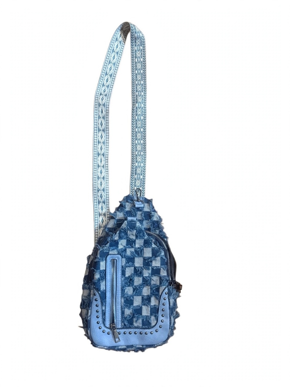 Blue Patchwork Denim Crossbody Sling Bag with Patterned Strap